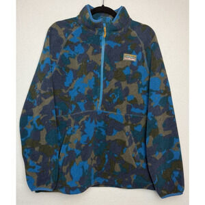 LL Bean Mountain Classic Fleece Half Zip Pullover Blue Camouflage Women's Size L